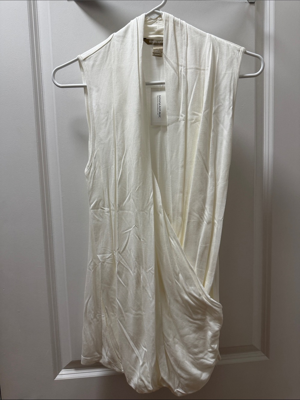 Banana Republic Factory Ivory Sleeveless Draped Open Front Top